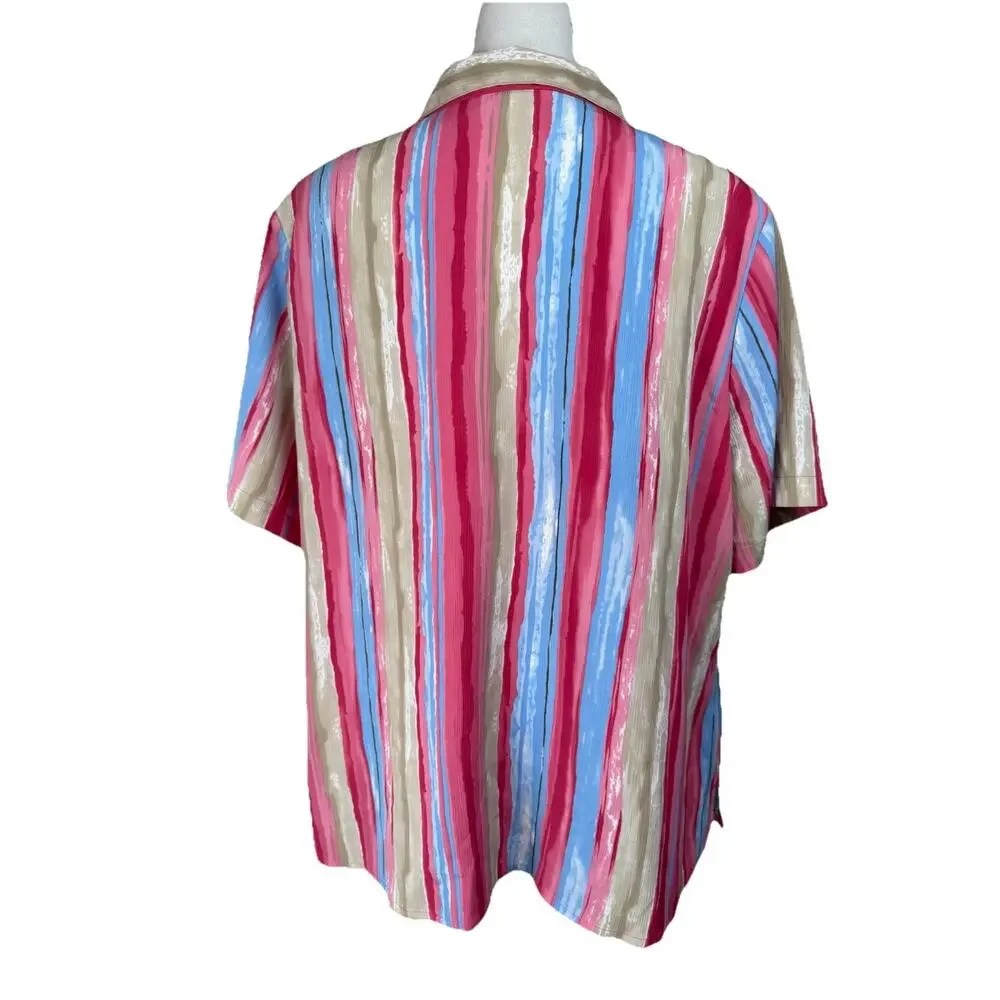 Vintage 80s Alia Striped Blouse Top 18W Button Up Short Sleeves Shoulder Pads - Picture 5 of 12